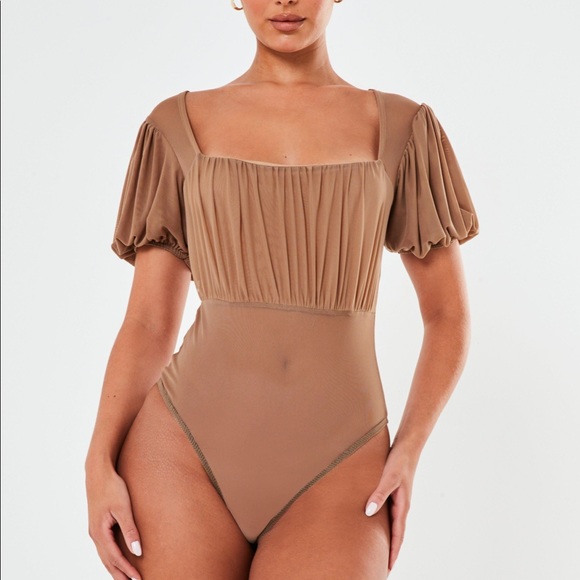 Missguided Tops - Nude Mesh Ruched Square Neck Bodsuit